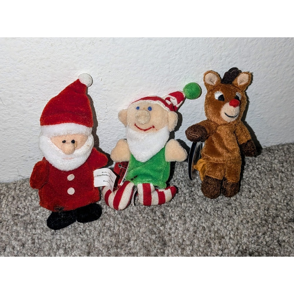 Starbucks 2001 Christmas Plush Finger Puppets Santa Elf Rudolph Holiday Toys